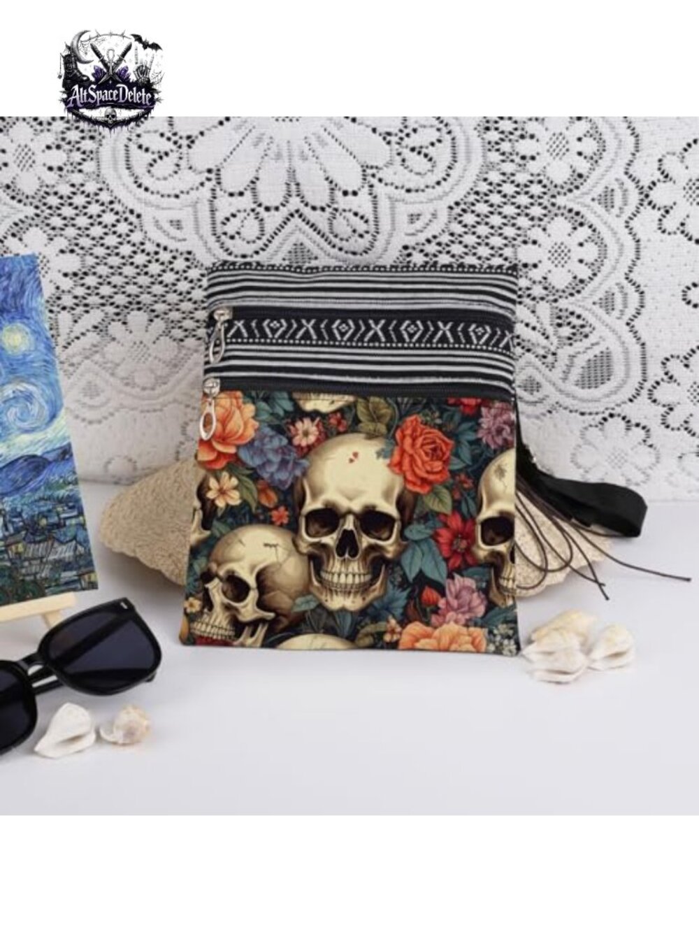 Polyester Skull Floral Print Crossbody Bag Adjustable Strap Double Zip - Picture 2 of 6
